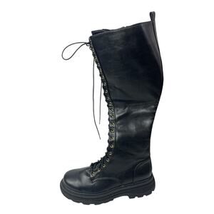 Maxwell Women's Black Leather Lace Up Round Toe Knee High Combat Riding Boots 10